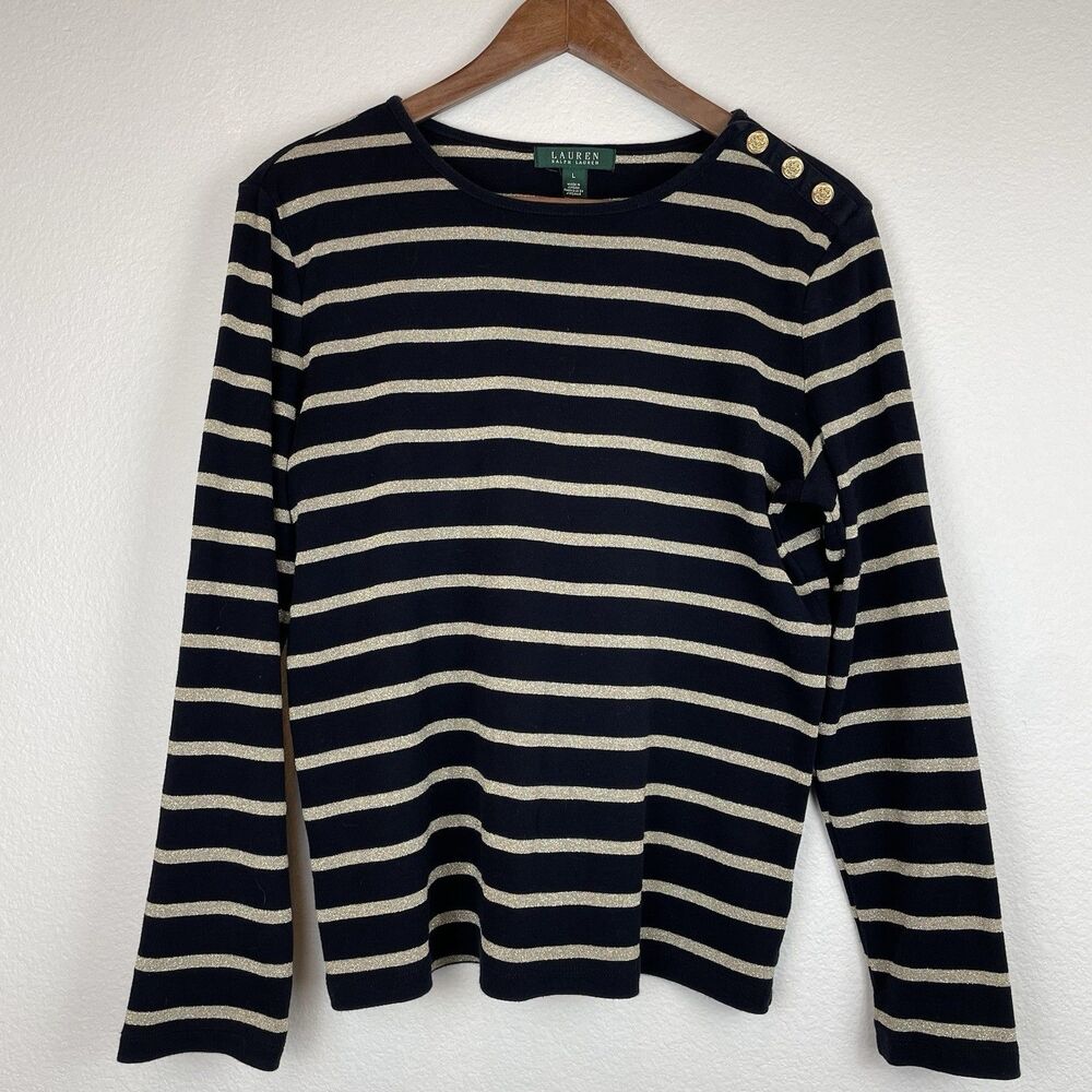 Ralph Lauren Women’s Long Sleeve Crew Neck Black Gold Striped Classic-L